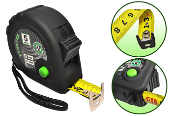 Рулетка с покрытием раберспрей и двойным зацепом 5мх19мм AT35801