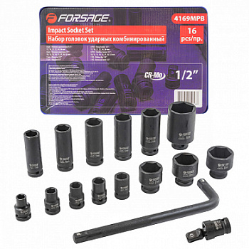 Набор головок ударных 1/2" 16 пр.  6-гр., 10-36 мм Forsage F-4169MPB