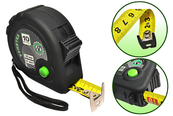 Рулетка с покрытием раберспрей и двойным зацепом 10мх25мм AT35803