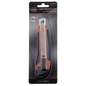 Нож пластиковый с прорезиненной ручкой с автоматическим фиксатором, 18мм AV-900518